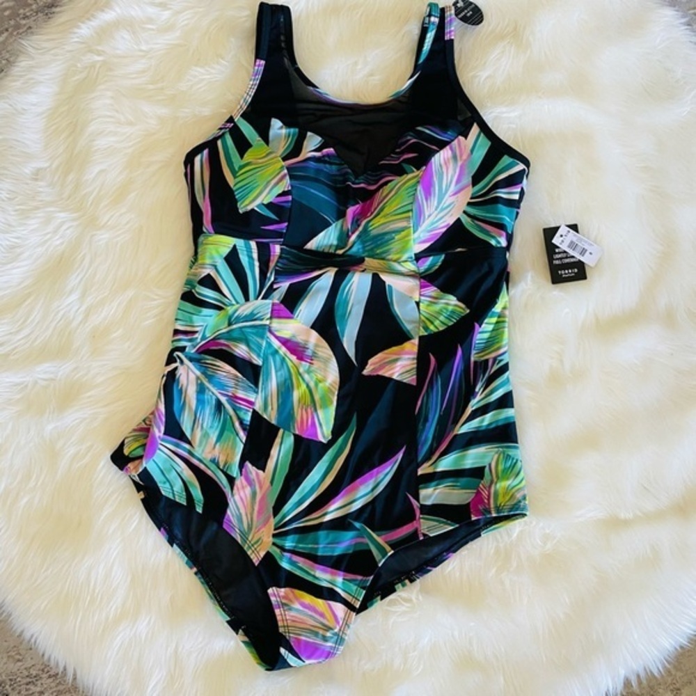torrid Wireless Mesh High Neck One Piece Swimsuit - Pretty Summer Leaves, Sz. 18